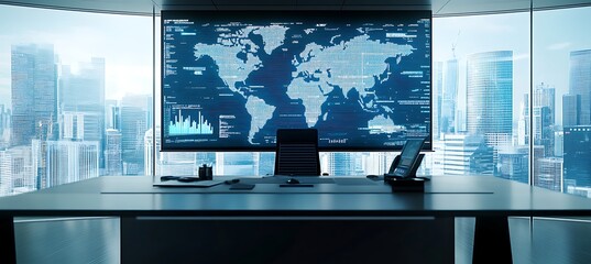 Poster - A clean, modern office setup with a large monitor displaying global financial trends and market data