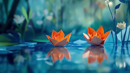Poster - Serene scene of origami lotus flowers on water, reflecting tranquility and nature's beauty.