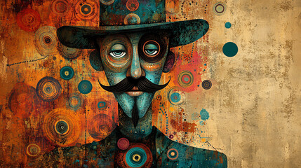 Wall Mural - Abstract art design featuring a funny man in a boho style, with creative elements and a vintage border, perfect for magazine covers and cards