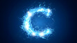 © visual artstock - A luminous blue letter C composed of energy sparks, set against a dark blue background.