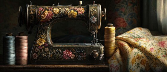 Aufkleber - Antique Floral-Decorated Sewing Machine with Spools of Thread