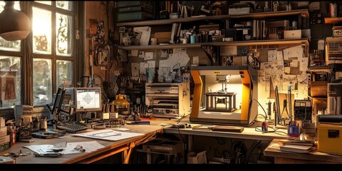 Aufkleber - A cluttered workspace with a 3D printer, computer, and blueprints