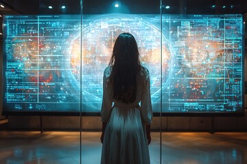 Poster - Woman Observing a Futuristic Cityscape Through a Glass Panel