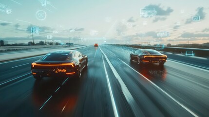 Aufkleber - Two futuristic cars racing on a highway with digital overlays and technology elements.