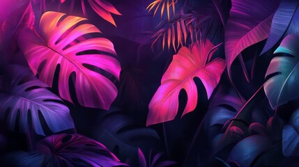Poster - A close-up of vibrant purple and green tropical leaves, creating a lush, moody atmosphere.