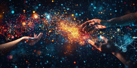 Aufkleber - Two Hands Reaching Towards Each Other with a Network of Light in Between
