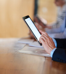 Screen, tablet and hands of business man with team in sales workshop, planning or discussion online. Digital technology, conference room or manager scroll, research or meeting notes in office closeup