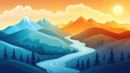 Wall Mural - Serene Landscape with Mountains and River at Dusk