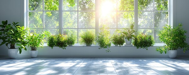 Poster - Sunlit Room with Plants and a Window View of Greenery