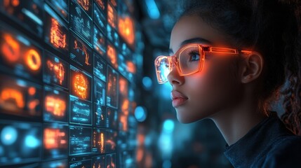 Poster - Virtual assistant avatars guide students in a futuristic learning environment at night