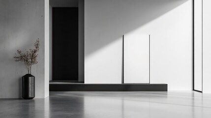 Leinwandbilder - A minimalist interior featuring geometric shapes, light, and a plant for a serene atmosphere.