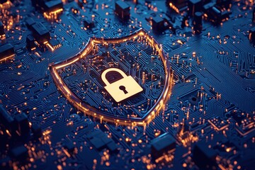 Poster - A glowing padlock symbol on a circuit board, representing digital security