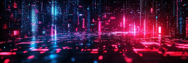 Poster - Abstract Cityscape with Neon Lights and Glowing Grid