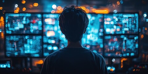 A Person Standing in Front of a Wall of Blurry Monitors