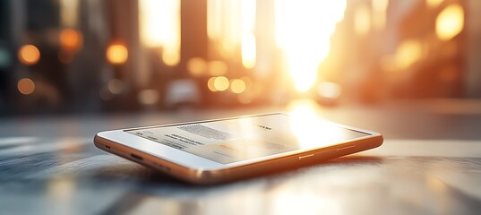 Poster - A close-up of a smartphone with a financial news app open, set against a blurred urban background