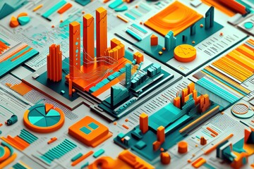 Poster - Abstract 3D Cityscape with Orange and Teal Geometric Shapes