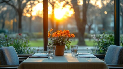 Aufkleber - A cozy table is set for two, featuring a vibrant floral centerpiece. Guests can enjoy the warm ambiance while watching the sunset through large windows, enhancing the peaceful atmosphere.