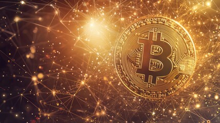 Poster - A golden Bitcoin coin with intricate detail and a glowing network behind it.