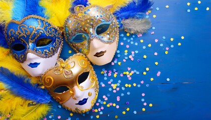 Poster - Elegant Blue and Gold Venetian Mask with Feathers and Glitter in a Festive Setting Symbolizing Celebration and Mystery