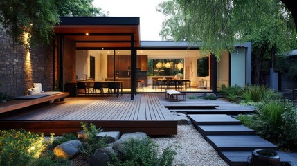 Poster - The renovation of a modern home extension in Melbourne includes the addition of a deck, patio, and courtyard area.