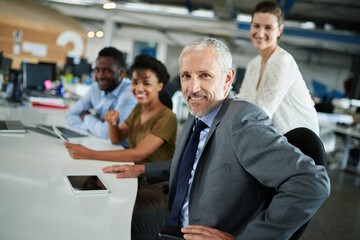 Poster - Portrait, collaboration and people in office, meeting and smile for project, creative and public relations. Confident, colleagues and group with tech, teamwork and boss with employees and publicist