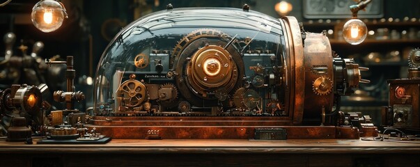 Aufkleber - Steampunk-style mechanical device with gears and a glowing core under a glass dome