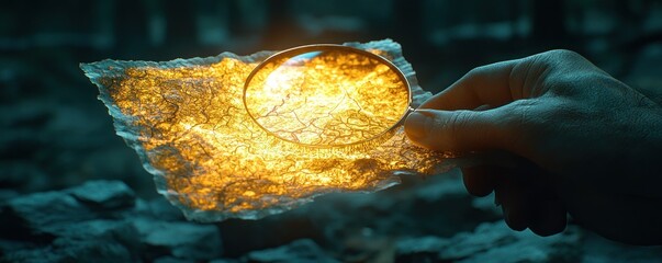 Poster - A Hand Holding a Magnifying Glass Over a Glowing, Veined Paper