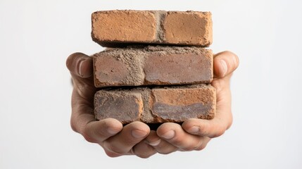 Poster - Traditional bricklaying techniques, close-up of hands handling bricks and mortar, white background.