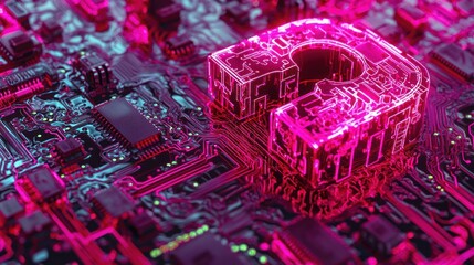 Poster - Glowing Pink Circuit Board with a 3D Rendered Shape