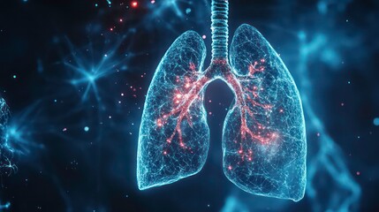 Poster - The human lungs are represented as glowing nodes and abstract connections in a blue digital environment