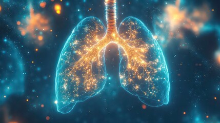 Poster - A glowing, abstract representation of human lungs with a cosmic background.