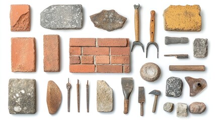 Poster - Vintage bricklaying techniques and traditional tools, isolated against white.