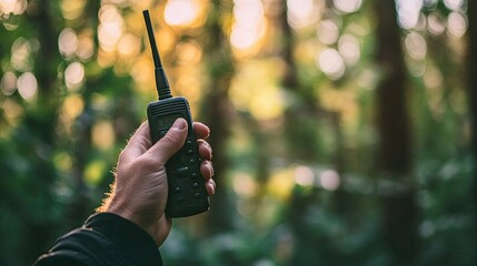 Hand gripping a walkie-talkie in focus, thumb on the button with a blurred background, suggesting active communication in action.