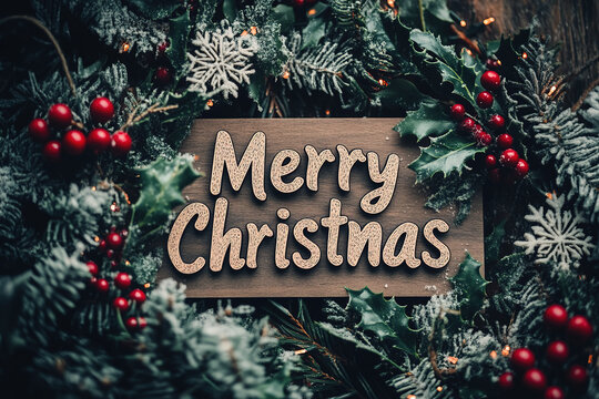 Festive Merry Christmas Card with Red Ribbons and Snowflakes