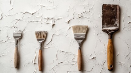 Poster - Wall plastering tools and smooth finishing texture, close-up on a white background.