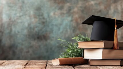 A stack of books topped with a graduation cap, symbolizing academic achievement and lifelong learning, set against a natural, philosophical backdrop detailing education's journey.