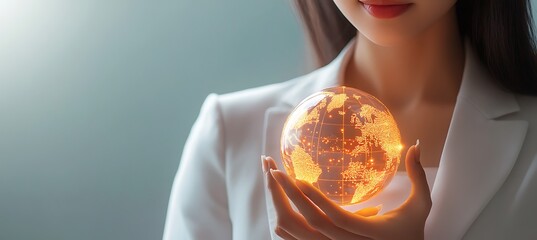 Poster - a conceptual image of a businesswoman holding a glowing globe, representing global business and expa