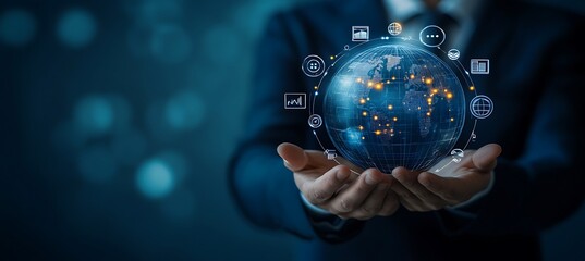 Poster - a conceptual image of a businesswoman holding a glowing globe, representing global business and expa