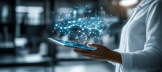 Poster -  A conceptual image of a businessman holding a tablet with digital graphs and data floating above it, set in a modern office