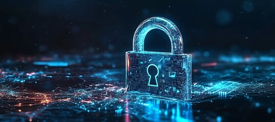 Poster - A conceptual image of a digital padlock surrounded by business-related icons, representing cybersecurity in business