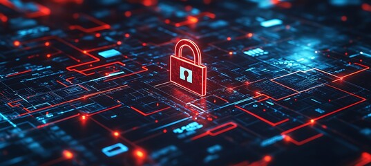 Poster - A conceptual image of a digital padlock surrounded by business-related icons, representing cybersecurity in business