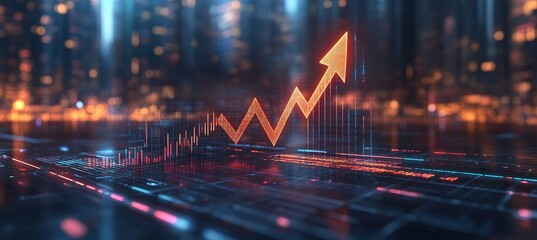 Poster - a conceptual image of a digital interface showing a business growth chart with an upward arrow and g