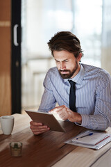 Fototapete - Planning, typing and tablet with business man for chief financial officer, corporate and annual report. Online, technology and company review with person in office for economy forecast and auditor
