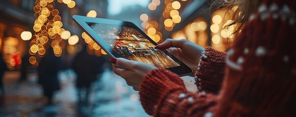 Poster - A woman holding a tablet displaying a night scene of a city street with lights.