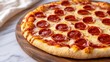 © SnapNest - Frozen pepperoni pizza with a handmade look, icecovered toppings, artisanal crust, closeup in natural lighting, freeze pizza, handmade, pepperoni