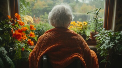 Poster - An elderly woman sits quietly by the window, wrapped in a cozy blanket. Colorful flowers flourish around her, enhancing the serene afternoon atmosphere.