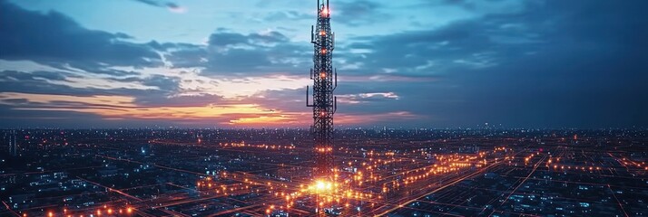 Aufkleber - Tall Cell Tower Illuminating City at Dusk with Network Connections