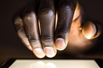 Fototapete - Close-up of a Black Hand Interacting with a Touchscreen Device