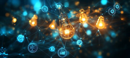 Poster - A conceptual image of a digital network connecting various business icons like money, gears, and light bulbs.