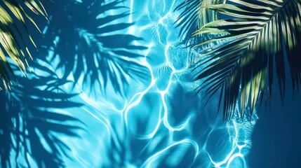 Aufkleber - Surface of blue pool water with shadow from palm leaf, abstract summer fresh background